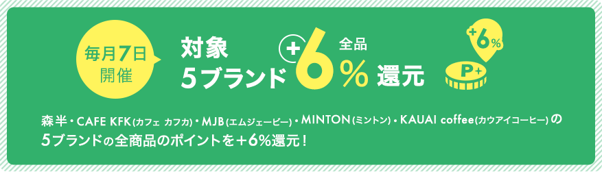 毎月7日開催 対象5ブランド 全品＋６％還元