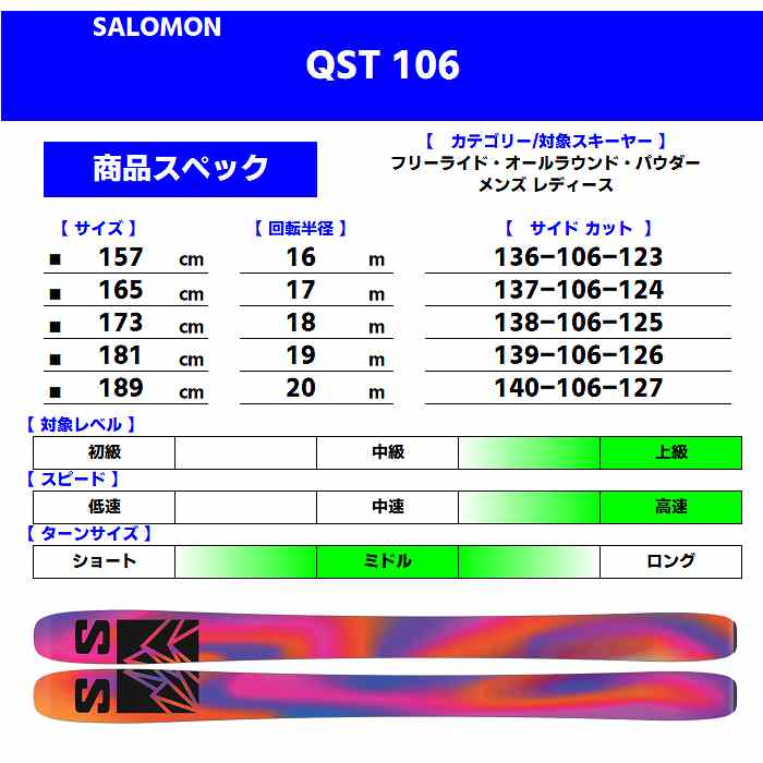 10％ポイント還元！]サロモン スキー板 2025 SALOMON QST 106 キューエスティー 板単品 24-25 |  スキー