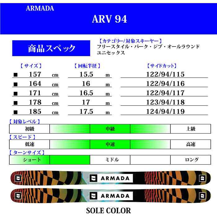 [スキー2点セット]アルマダ スキー板 2024 ARMADA ARV 94 + 24 MARKER GRIFFON 13 100mm  ビンディングセット 23-24-モリヤマスポーツ公式オンラインストア