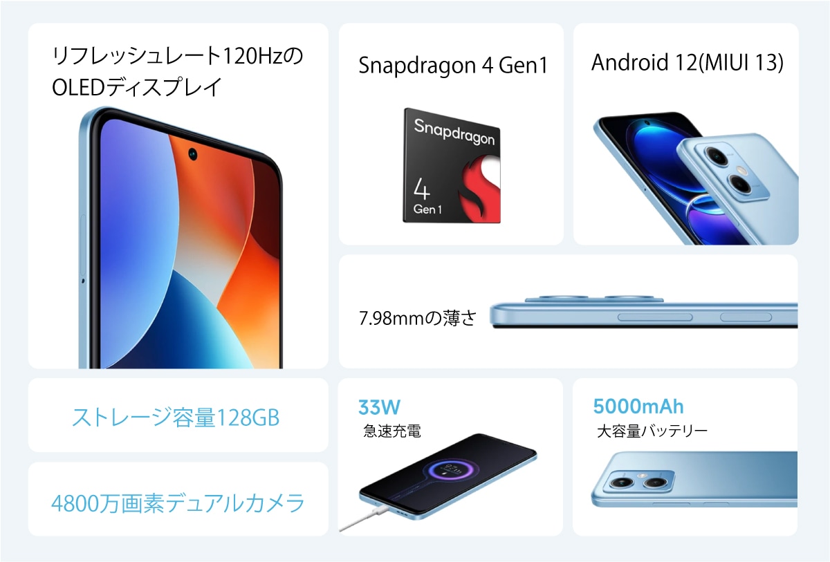 Xiaomi Redmi Note 12 中国版 5G 海外SIMフリースマホ 【120Hz有機EL・Snapdragon 4 Gen  1搭載・コスパ最強】-スマホ SIM フリー 海外携帯 海外スマホ の ジャパエ