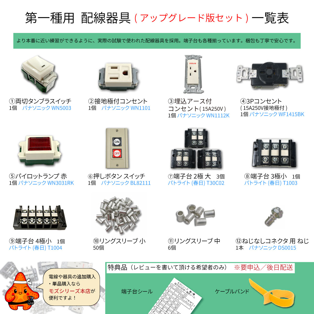 第一種電気工事士 器具アップグレードセット(2種との差分のみ) 2024年版 モズシリーズ | 電気工事士技能試験セット 専門店  モズシリーズ株式会社ジャパンエレグロス