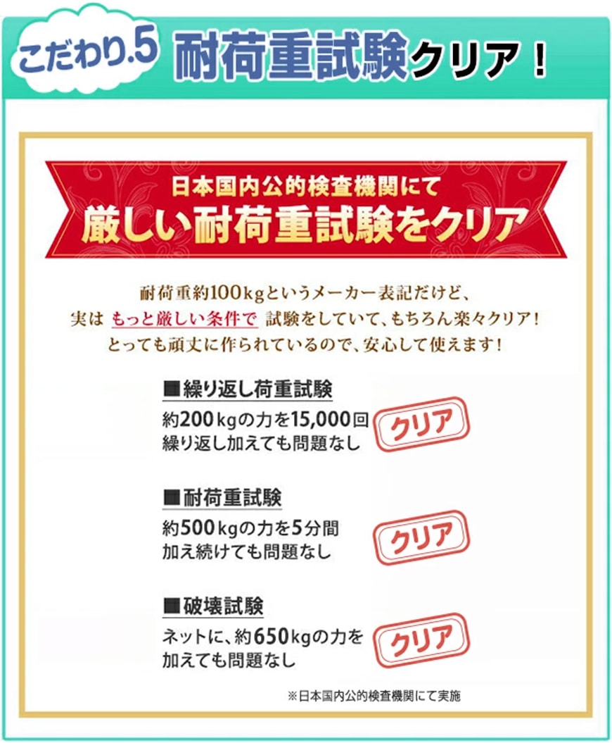 こだわり5　耐荷重試験をクリア！
	日本国内公的検査機関にて厳しい耐荷重試験をクリア
	耐荷重約85kgというメーカー表記ですが、もっと厳しい条件で試験をしていて、楽々クリアしています。
	非常に頑丈に製造しているので、安心してご使用いただけます。
	繰り返し耐荷重試験
	約200kgの力を15,000回繰り返し加えても問題なし　クリア
	耐荷重試験
	約500kgの力を5分間加え続けても問題なし　クリア
	破壊試験
	ネットに、約650kgの力を加えても問題なし　クリア