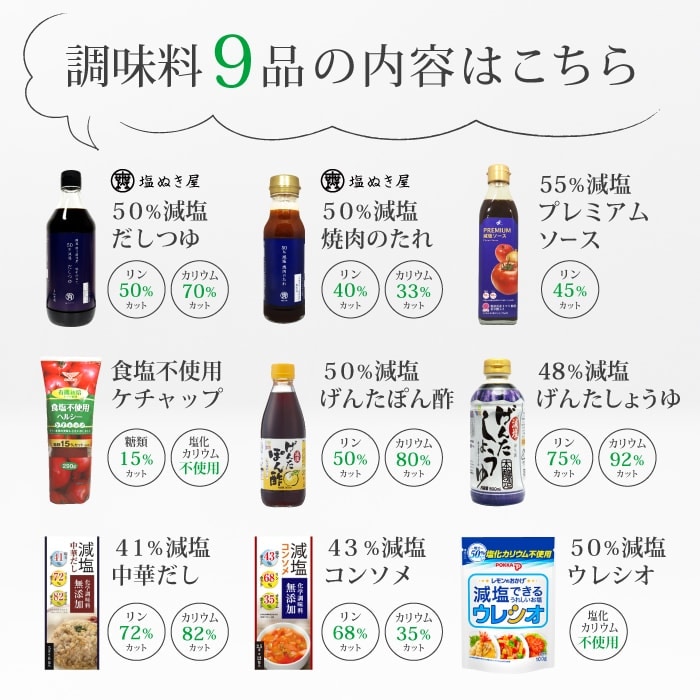 腎臓病の方にオススメのリン・カリウムに配慮した減塩調味料9種ｾｯﾄ
