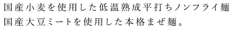 国産小麦を使用した低温熟成平打ちノンフライ麺国産大豆ミートを使用した本格まぜ麺。