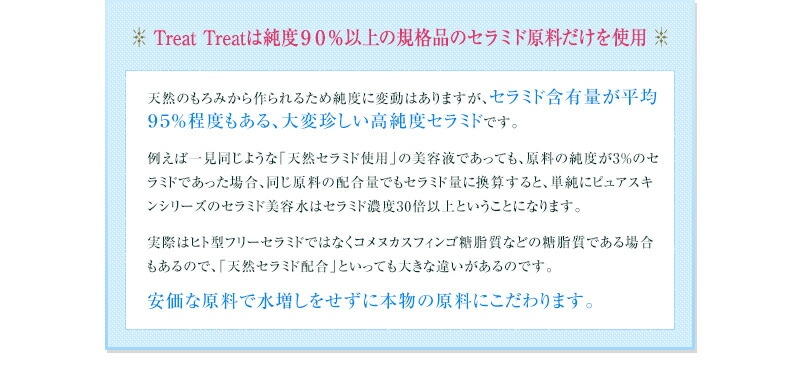 天然のもろみから作られるため純度に変動はありますが、セラミド含有量が平均95%程度もある、大変珍しい高純度セラミドです。例えば一見同じような「天然セラミド使用」の美容液であっても、原料の純度が3%のセラミドであった場合、同じ原料の配合量でもセラミド量に換算すると、単純にピュアスキンシリーズのセラミド美容水はセラミド濃度30倍以上ということになります。実際はヒト型フリーセラミドではなくコメヌカスフィンゴ糖脂質などの糖脂質である場合もあるので、「天然セラミド配合」といっても大きな違いがあるのです。安価な原料で水増しをせずに本物の原料にこだわります。 