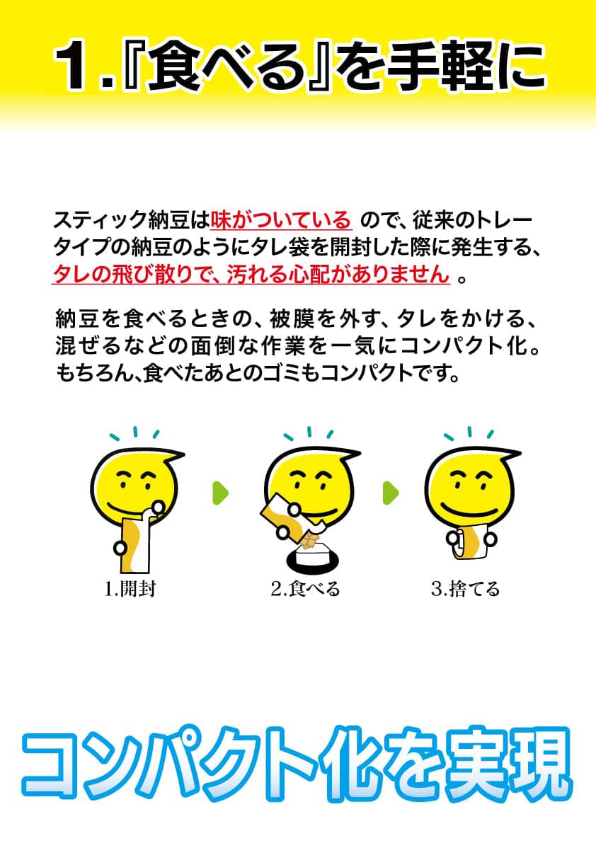 1.『食べる』を手軽に 味付き済みでタレの飛び散りがなく、開封・食べる・捨てるが手軽なスティック納豆