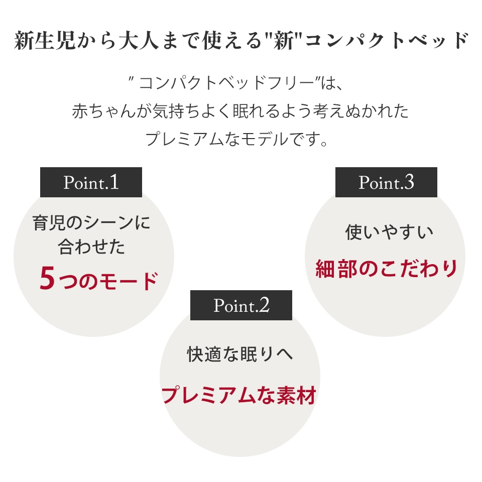 コンパクトベッドFree　5つのモード　プレミアムな素材　細部のこだわり