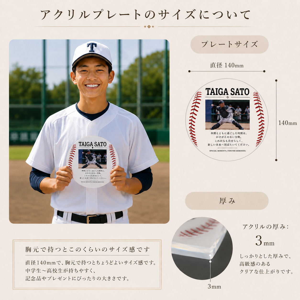 直径14cm 野球ボール型 写真入りアクリルプレート 厚さ3mm 卒団記念