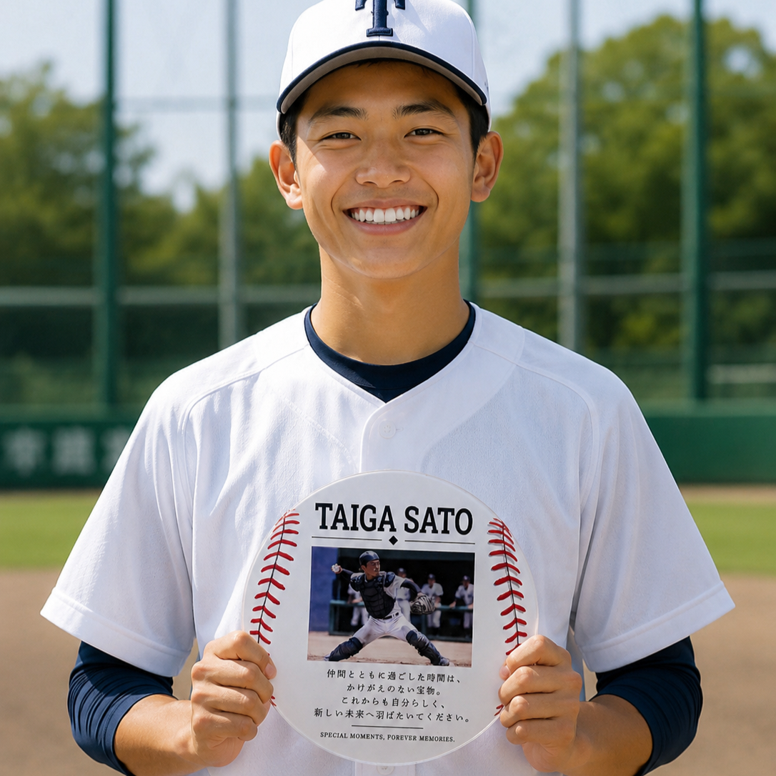 野球ボール型 写真入りアクリルプレート 卒団記念品 卒部 引退記念 名入れギフト