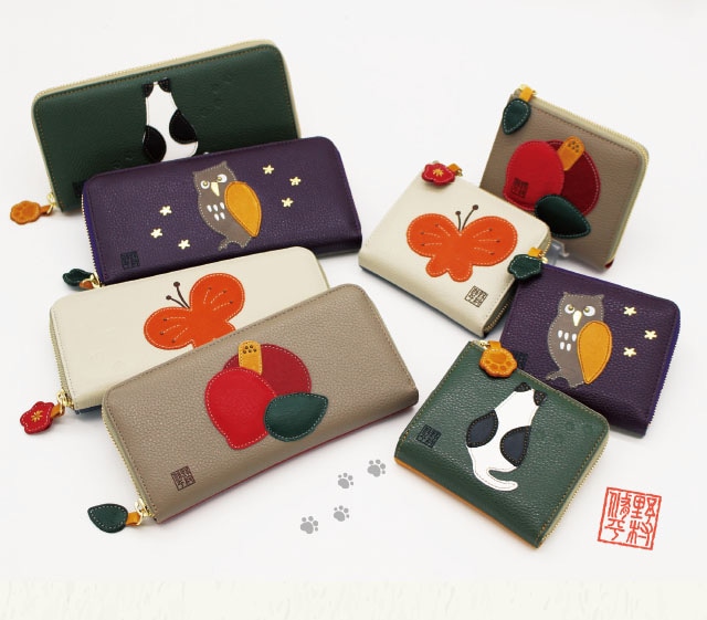 野村修平/ナダヤ】パッチワーク 二つ折り財布 本革 / 猫 / ふくろう