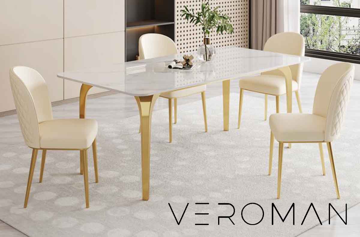 VeroMan 革張り ダイニングチェア レザー ゴールド脚 ステッチ