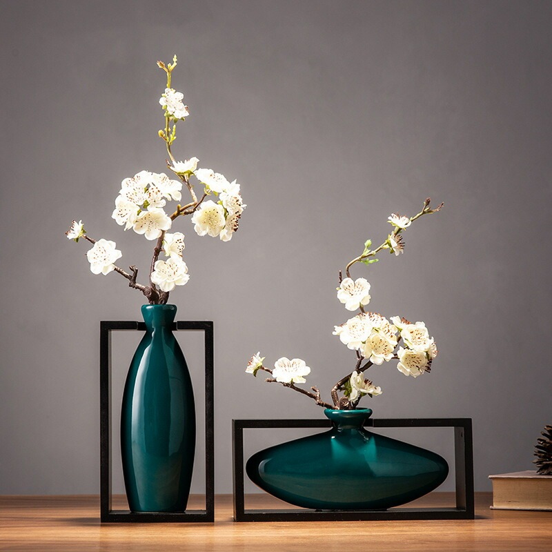 2点セット] VeroMan 花瓶 セラミック フラワーベース ダークグリーン