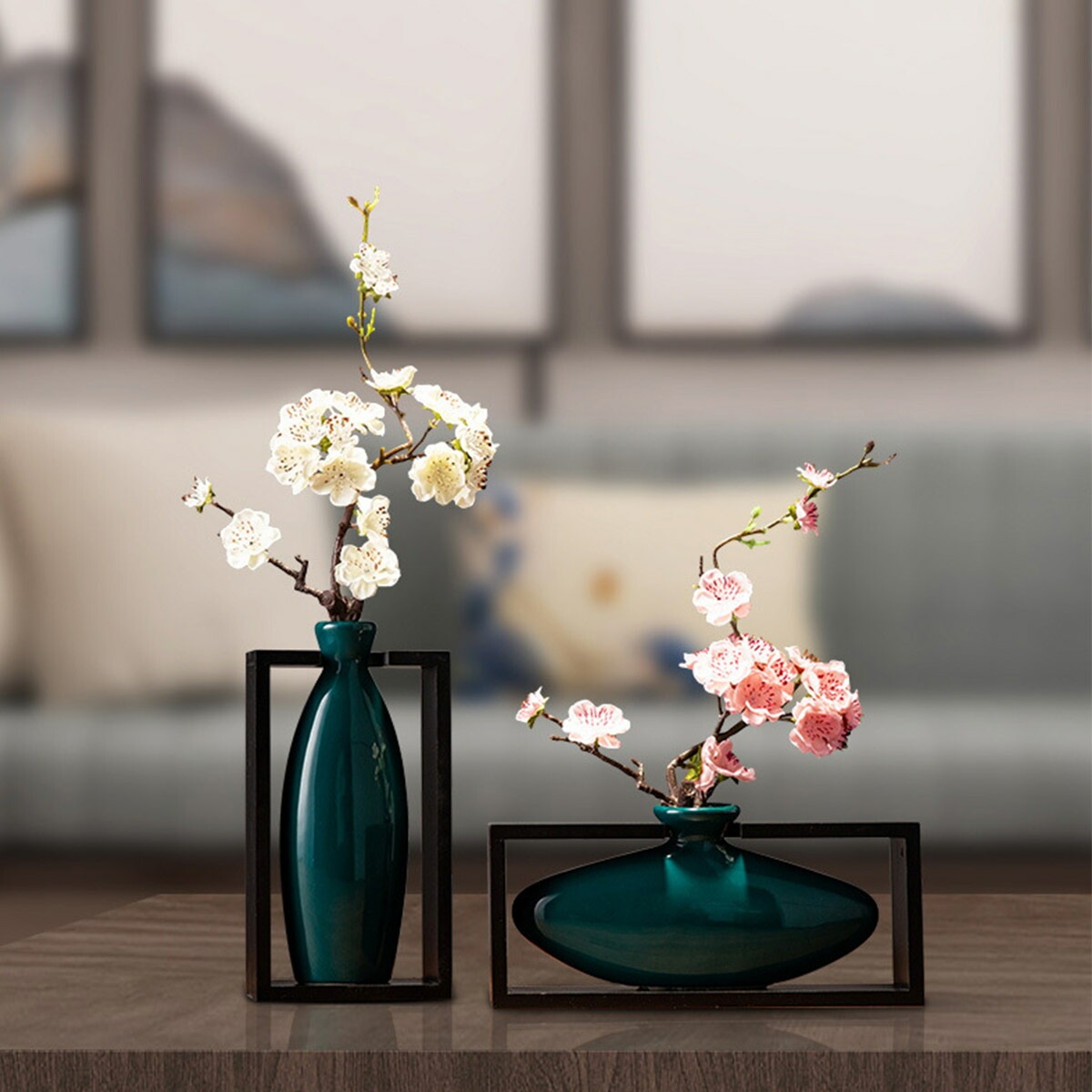 2点セット] VeroMan 花瓶 セラミック フラワーベース ダークグリーン