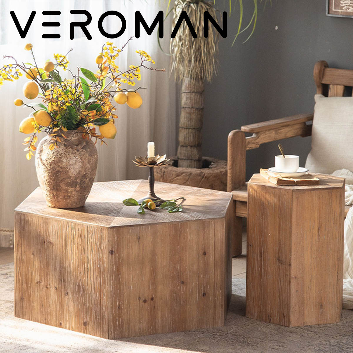 2点セット] VeroMan 六角形デザインで個性際立つ サイドテーブル ロー