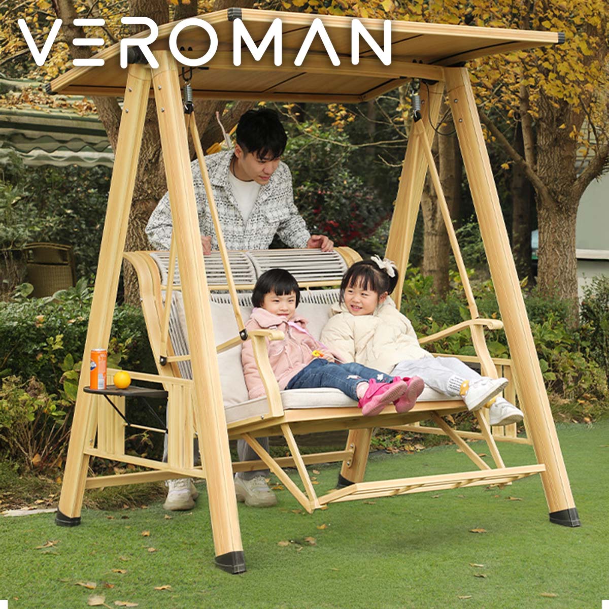 2人用ベージュ] VeroMan スイングベンチ 二人掛け 屋根付ブランコ 家庭