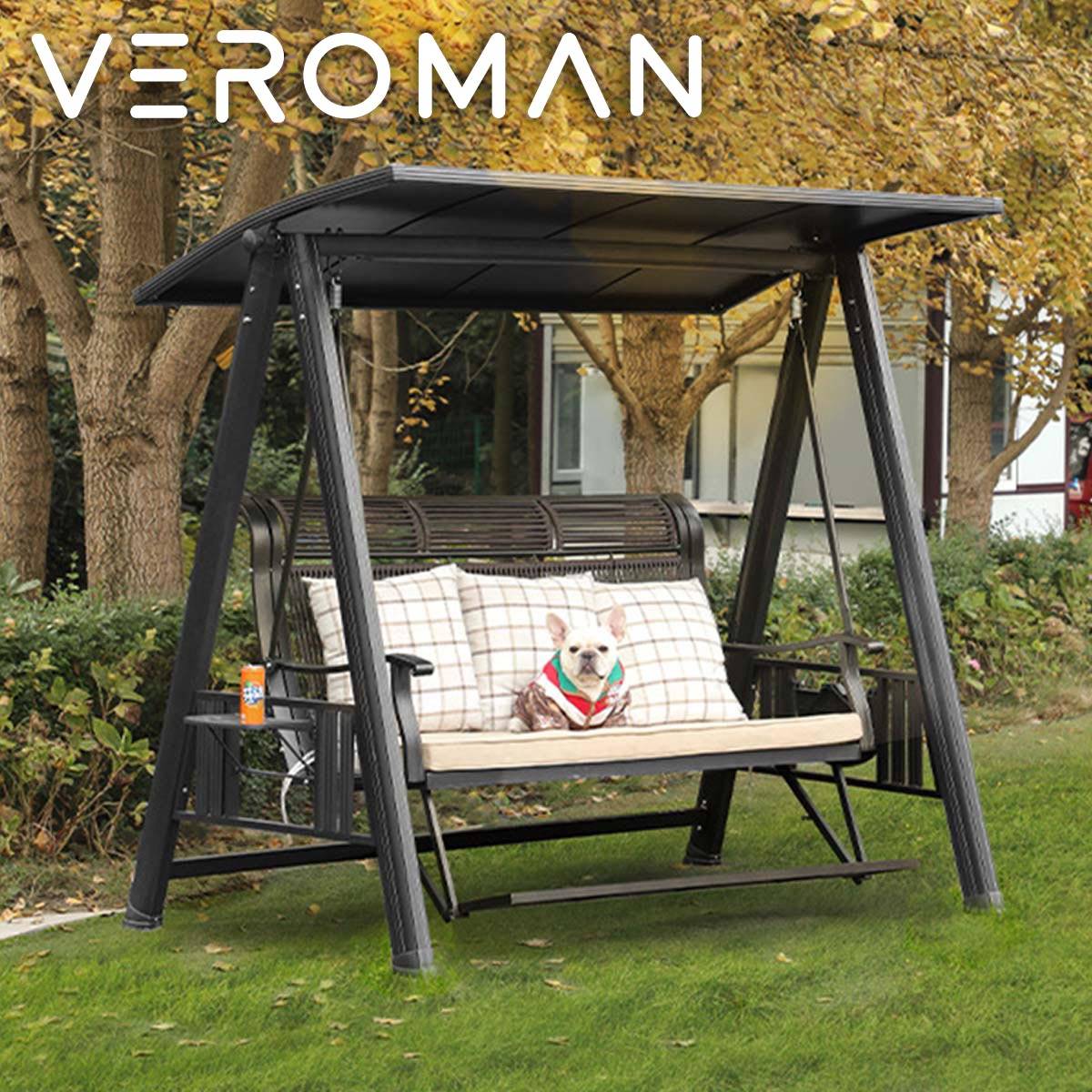 3人用ブラウン] VeroMan スイングベンチ 三人掛け 屋根付ブランコ 家庭