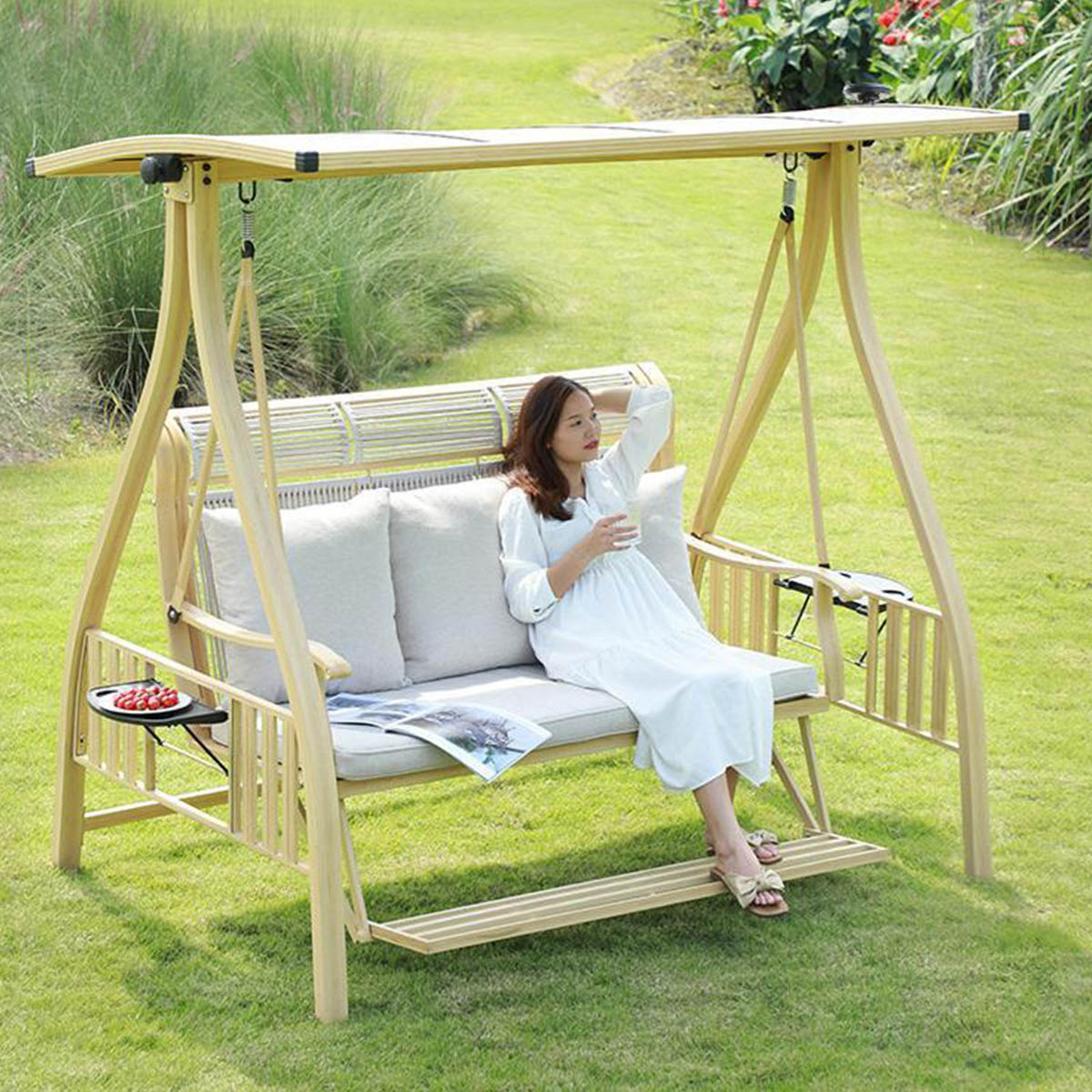 ヘゴ着け風蘭 台座付き 3人用ベージュ] VeroMan スイングベンチ 三人掛け 屋根付ブランコ 家庭