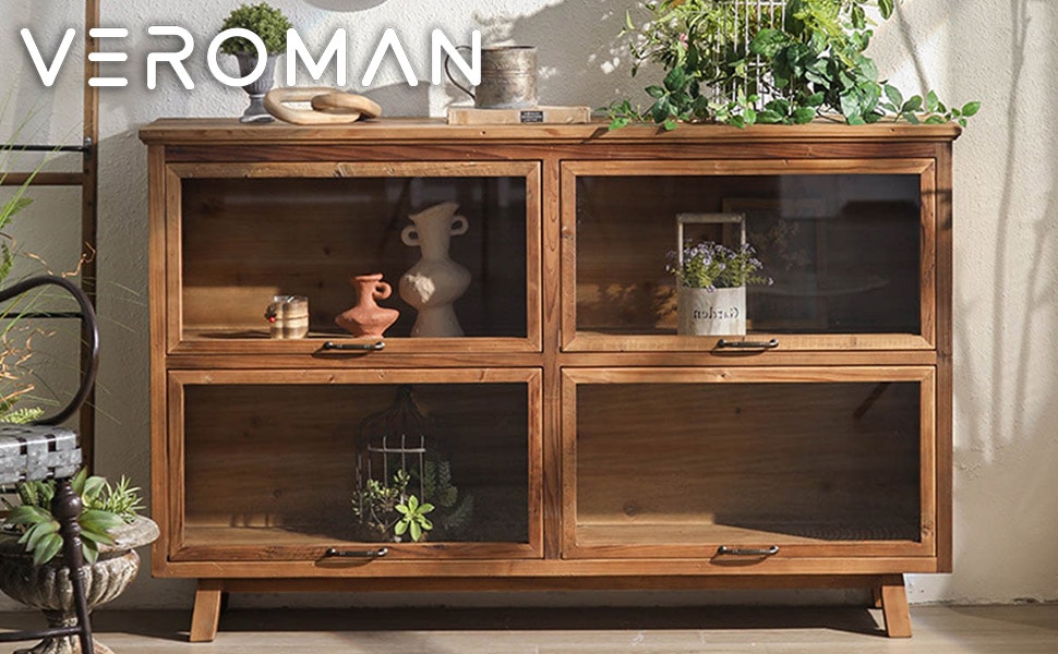 VeroMan ヴィンテージ風 木製ガラスキャビネット 温かみのある収納