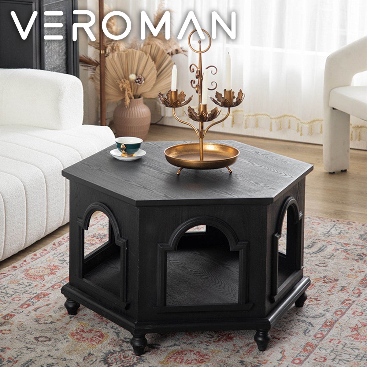 VeroMan 六角形クラシックコーヒーテーブル 天然木の風合いが引き立つ