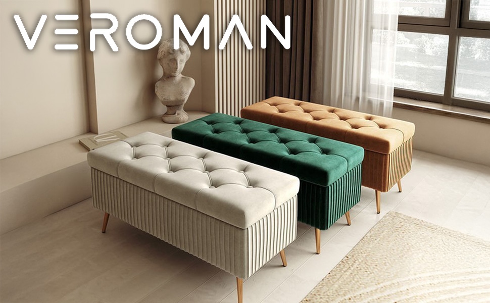 100cm] VeroMan ベロア調プリーツ収納ベンチ 高級感ただようふんわり座