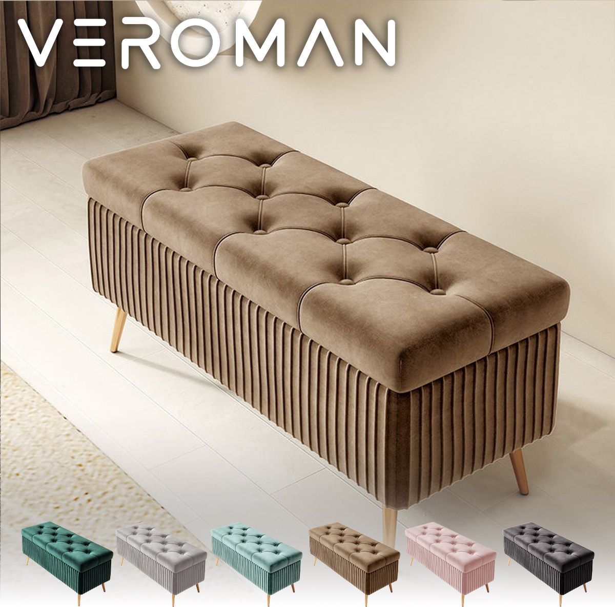 100cm] VeroMan ベロア調プリーツ収納ベンチ 高級感ただようふんわり座