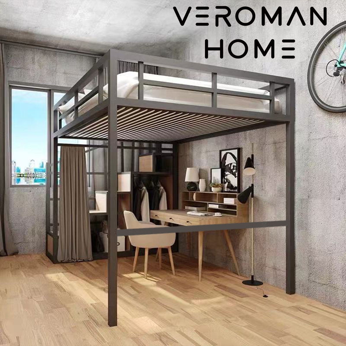 VeroMan 二段ベッド ロフトベッド スチールフレーム 鉄製 省スペース