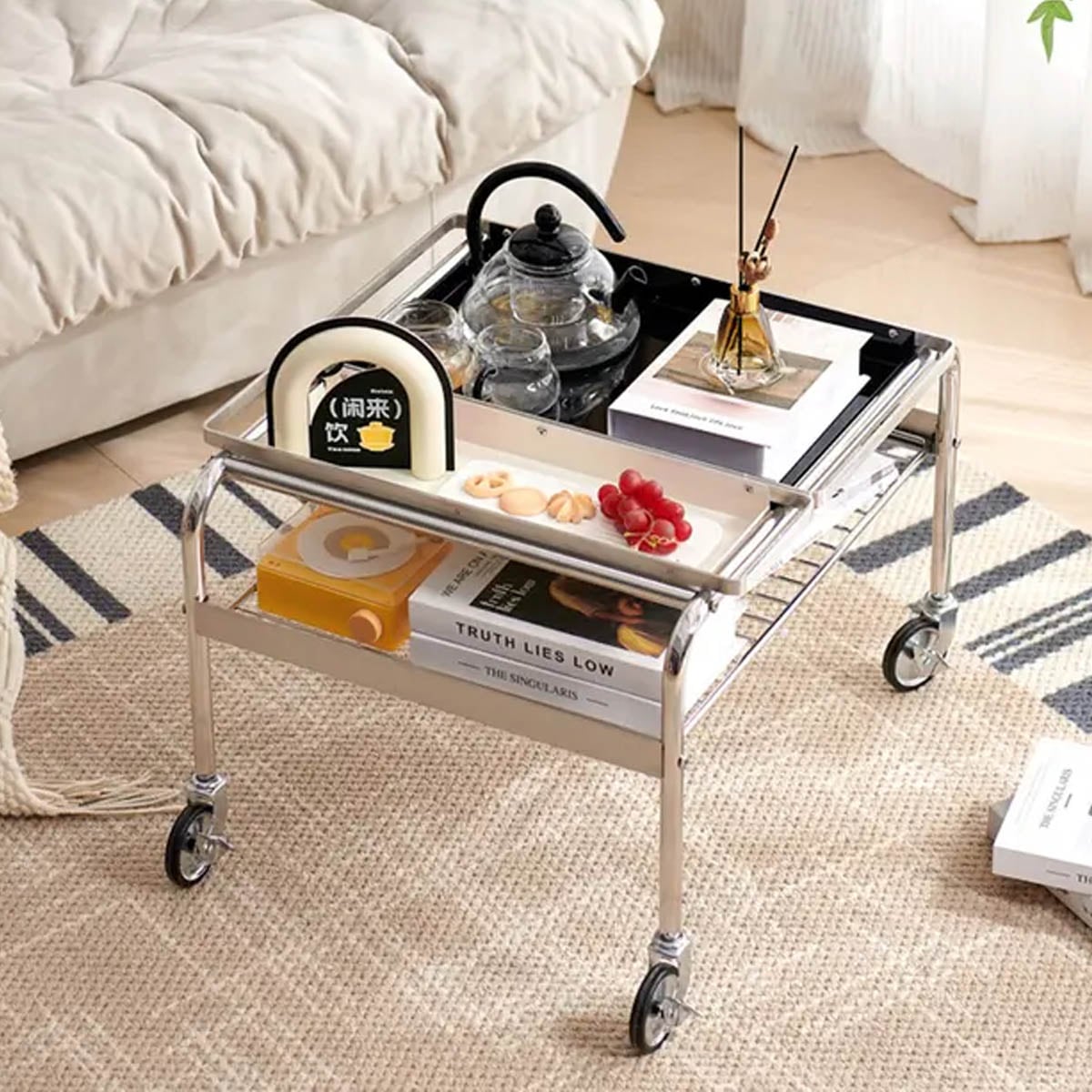 VeroMan サイドテーブル サブテーブル 移動式 ステンレス製 トレイ付き