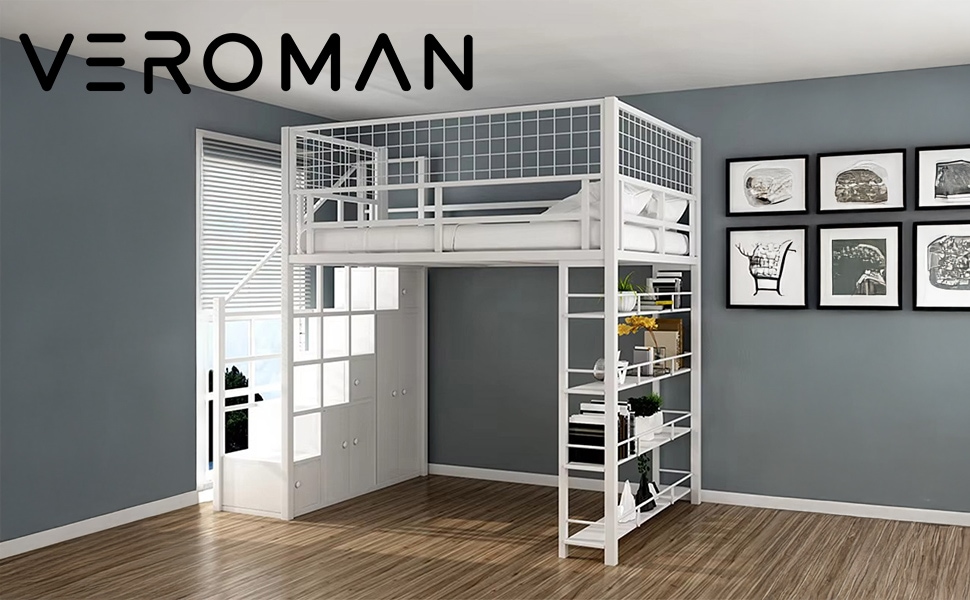 VeroMan 階段付きロフトベッド 大容量収納棚付き メタルフレーム 省