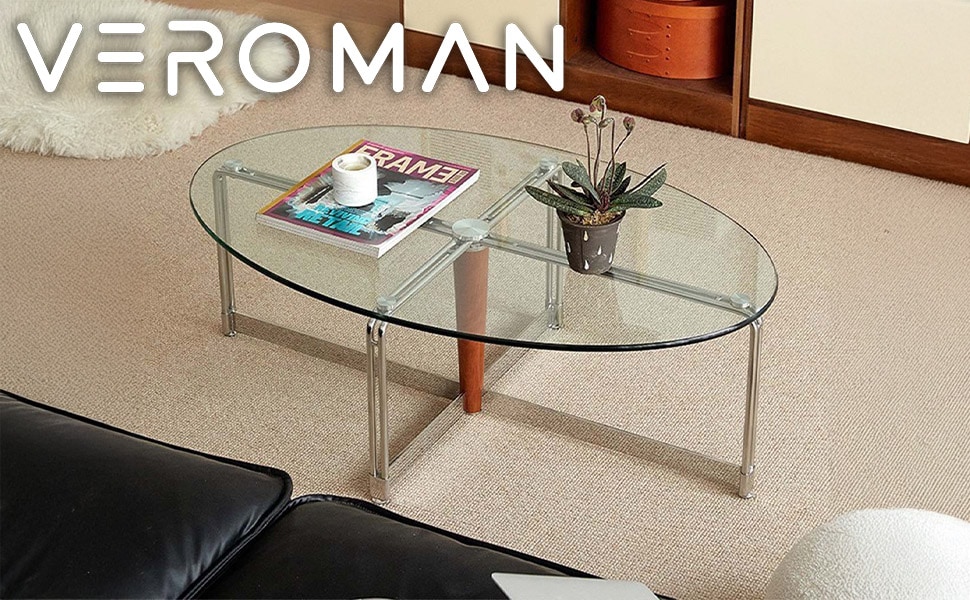 VeroMan 楕円形センターテーブル モダンデザイン 強化ガラス天板 金属