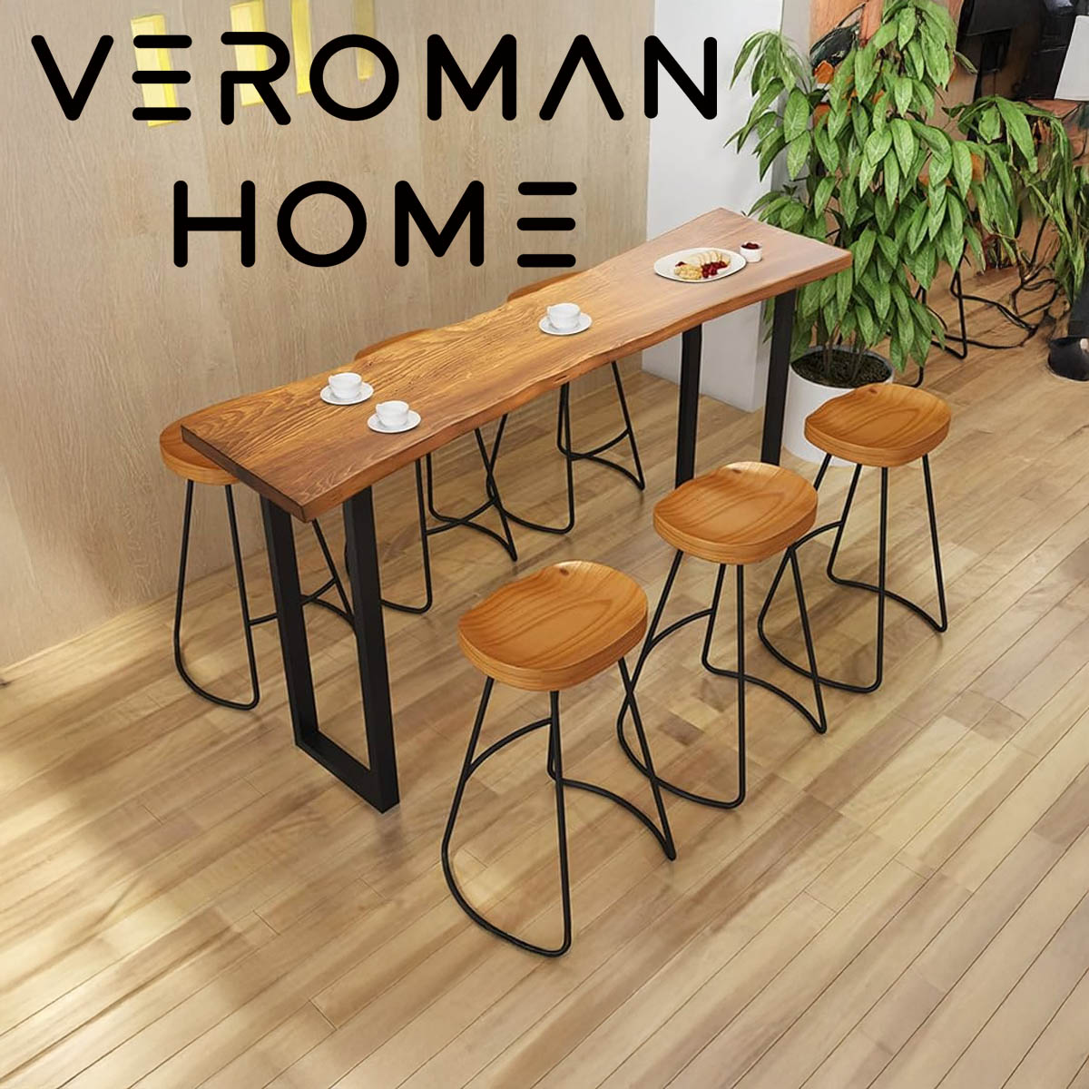 VeroMan カウンターテーブル 北欧風デザイン 天然木天板 アイアン脚