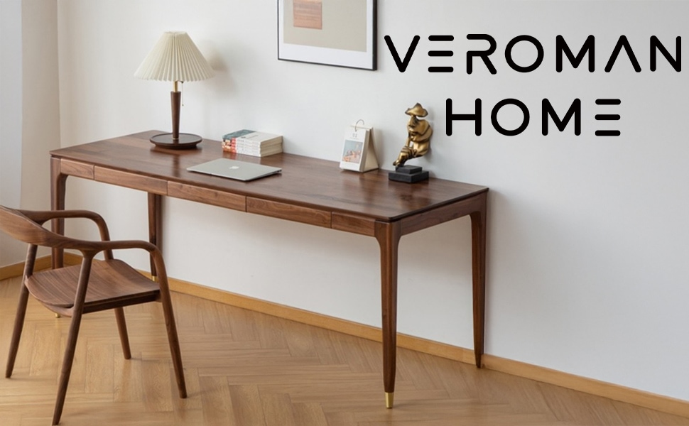 VeroMan テーブル モダン ウォールナット無垢 シングルデスク 引き出し 