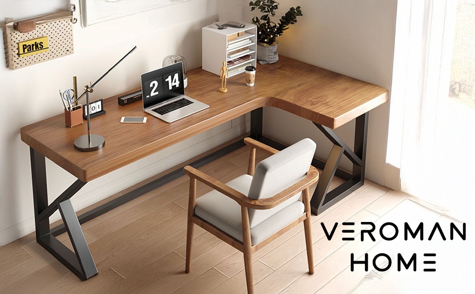 VeroMan L字型デザイン ワークデスク 天然木天板＋カーボンスチール脚