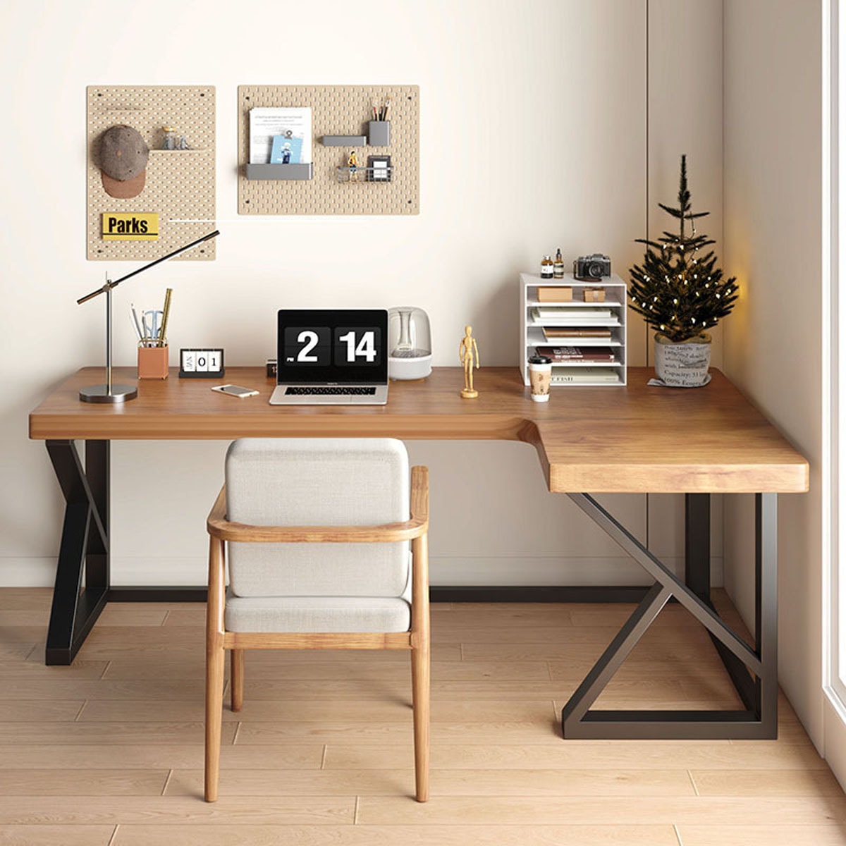 VeroMan L字型デザイン ワークデスク 天然木天板＋カーボンスチール脚