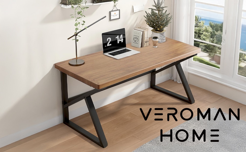 VeroMan モダンワークデスク 高耐久カーボンスチール脚 天然木天板