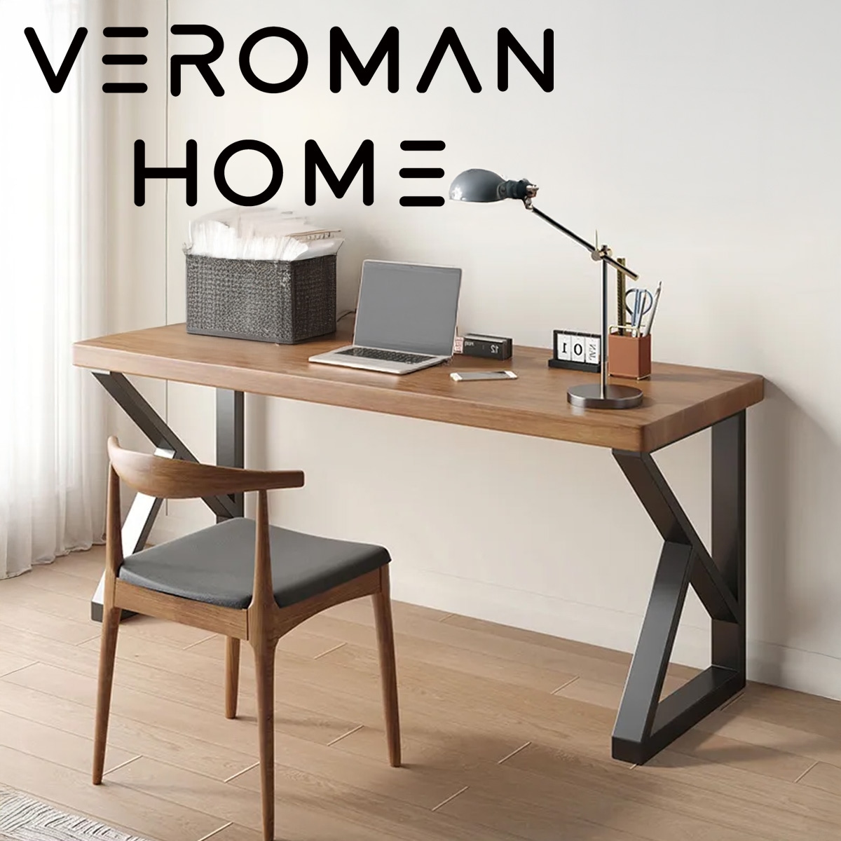 VeroMan モダンワークデスク 高耐久カーボンスチール脚 天然木天板