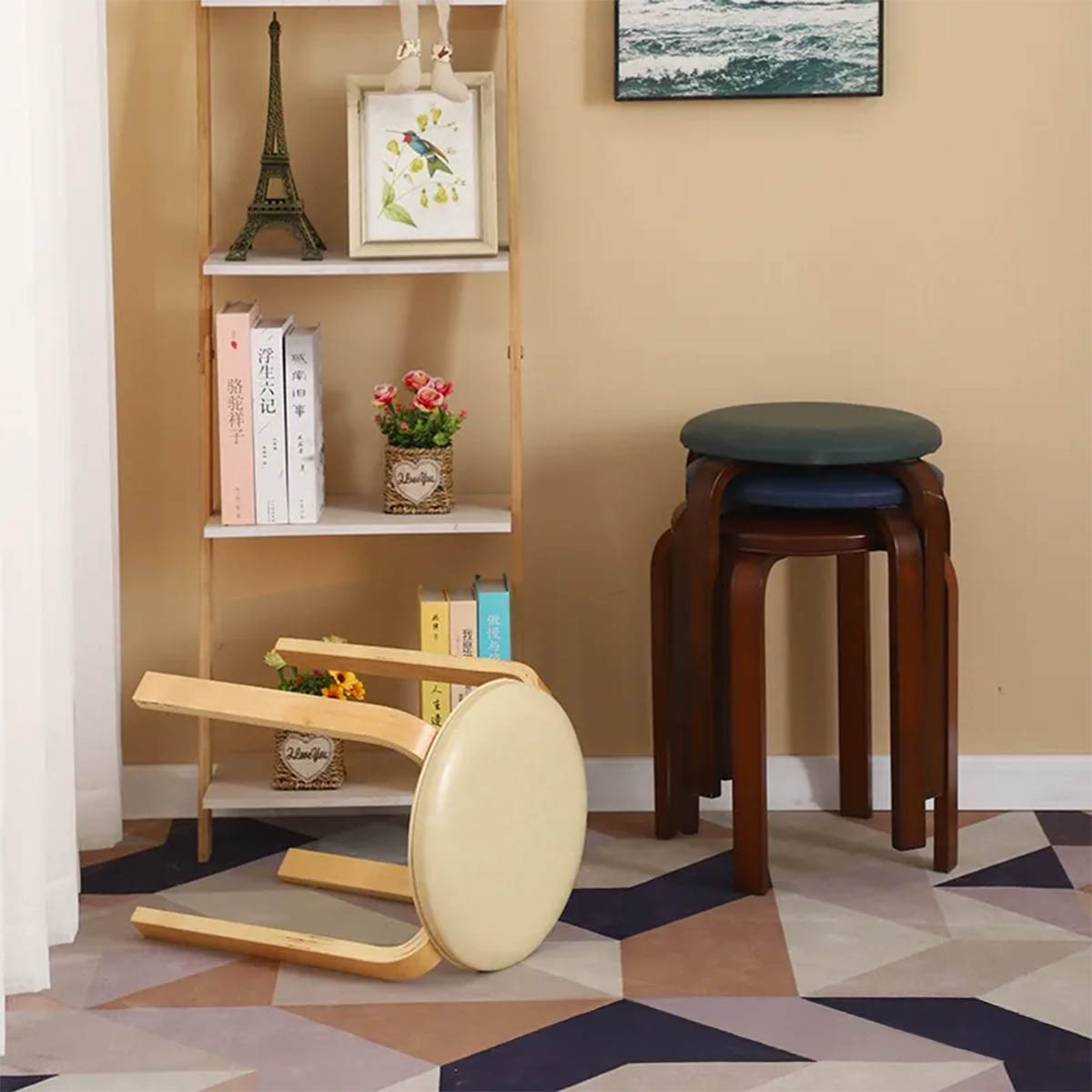 VeroMan ダイニングチェア 丸型スツール 木製椅子 重ね置き可能