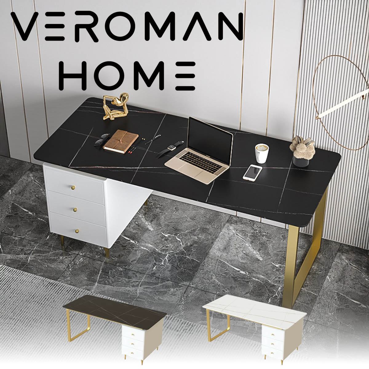 VeroMan 大理石調デスク 岩板天板 ゴールド脚 引き出し収納付き ワーク