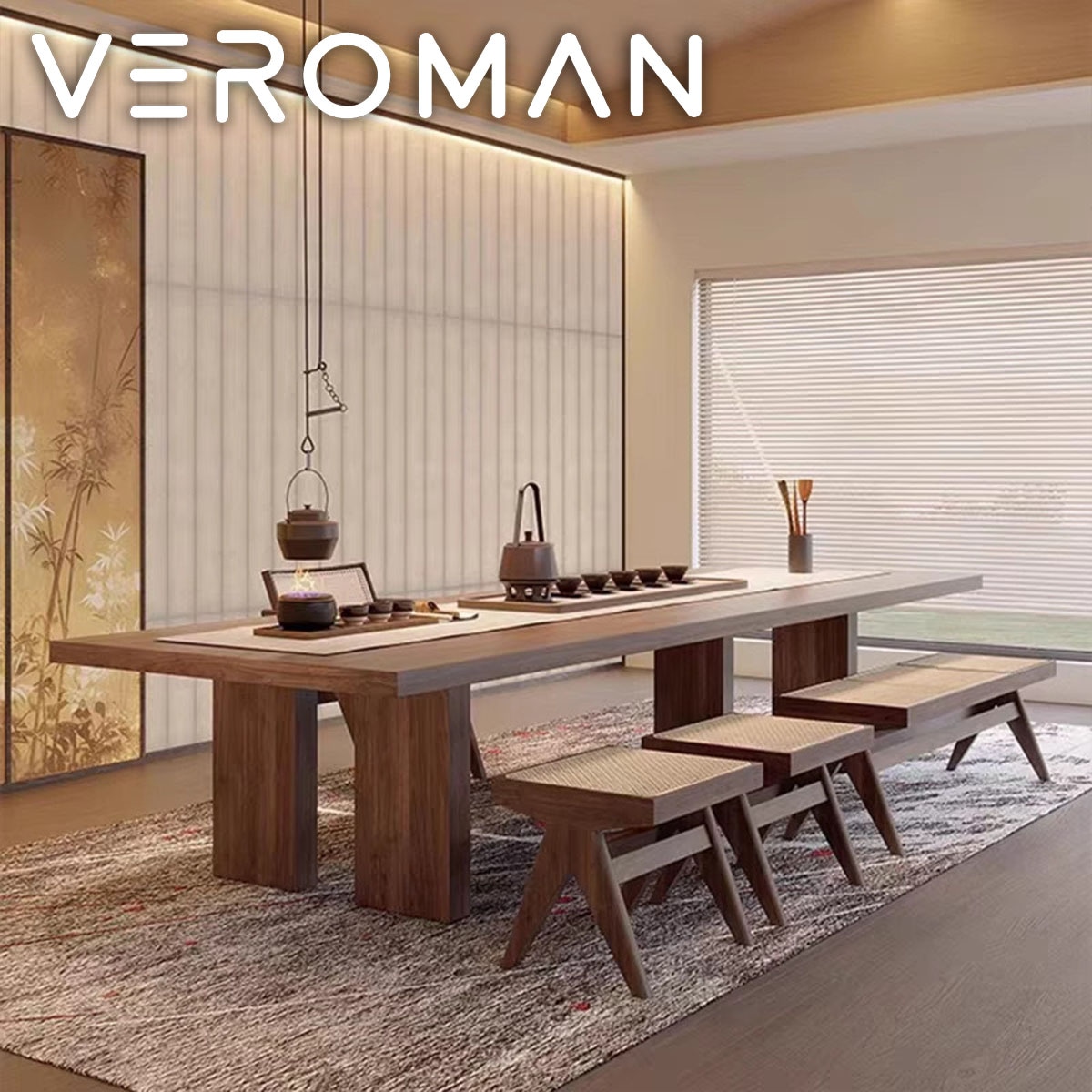 VeroMan 無垢風ロングテーブル シンプルモダン 木製ワークテーブル 
