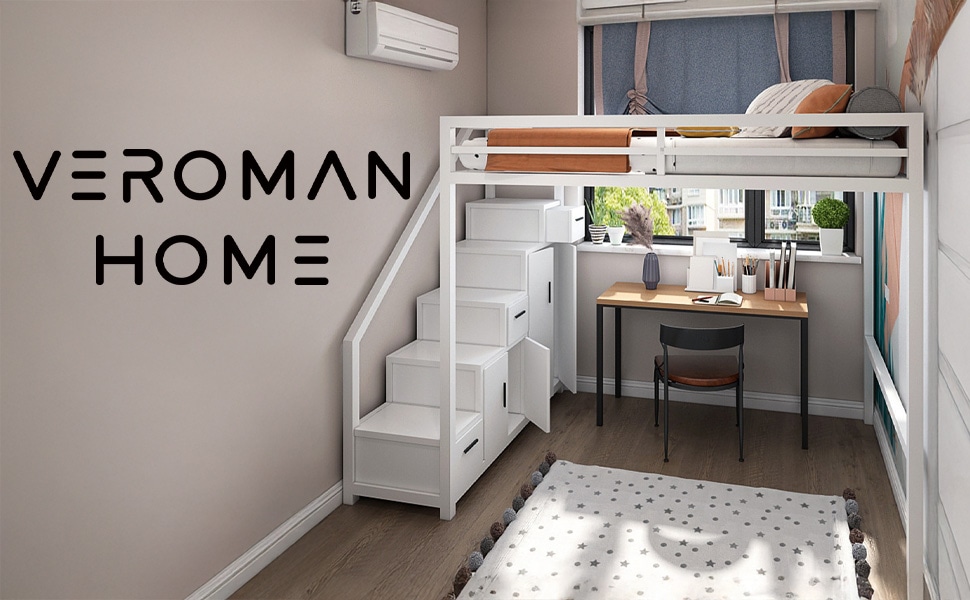 VeroMan 多機能ロフトベッド キャビネット付き アイアンフレーム 高架