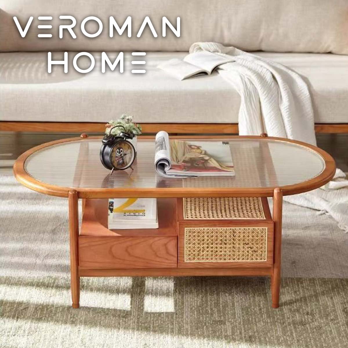 VeroMan ラタン編み ローテーブル 木の温もり ガラス天板 引き出し付き