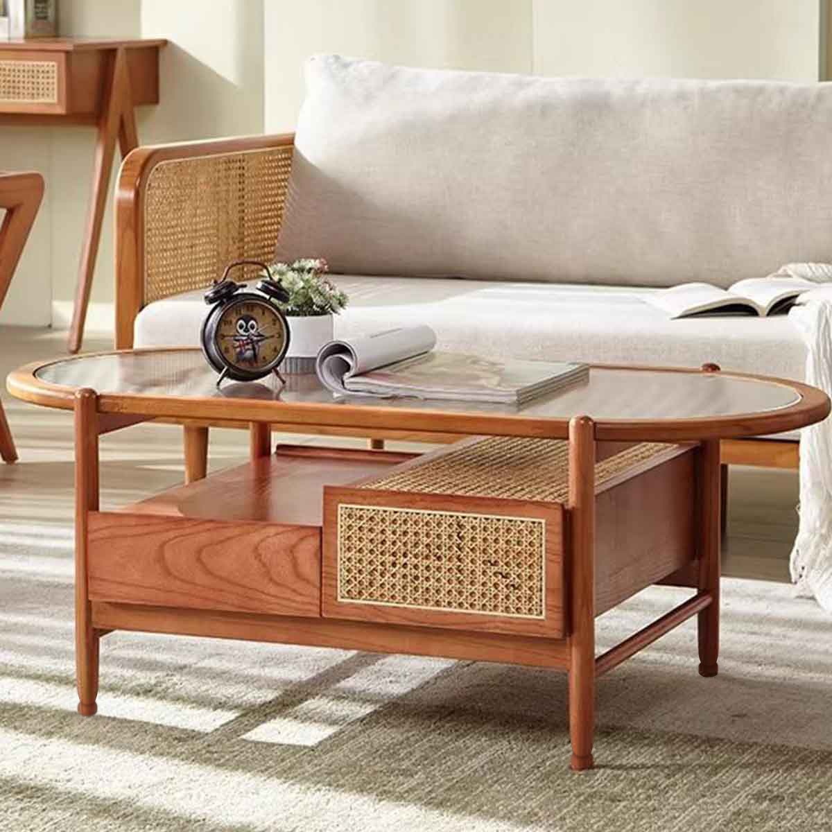 VeroMan ラタン編み ローテーブル 木の温もり ガラス天板 引き出し付き