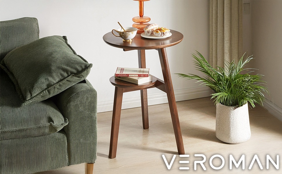 VeroMan サイドテーブル 円形 2段 木製 ソファサイド ベッドサイド