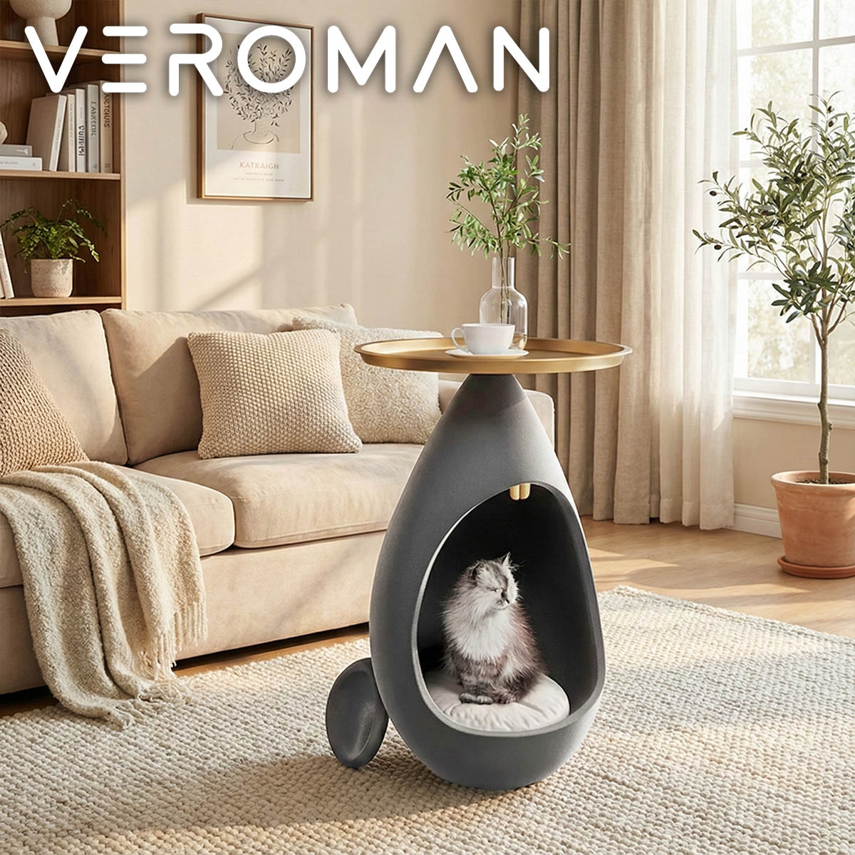 VeroMan サイドテーブル ペットハウス付き 人と猫が共用できる 猫用