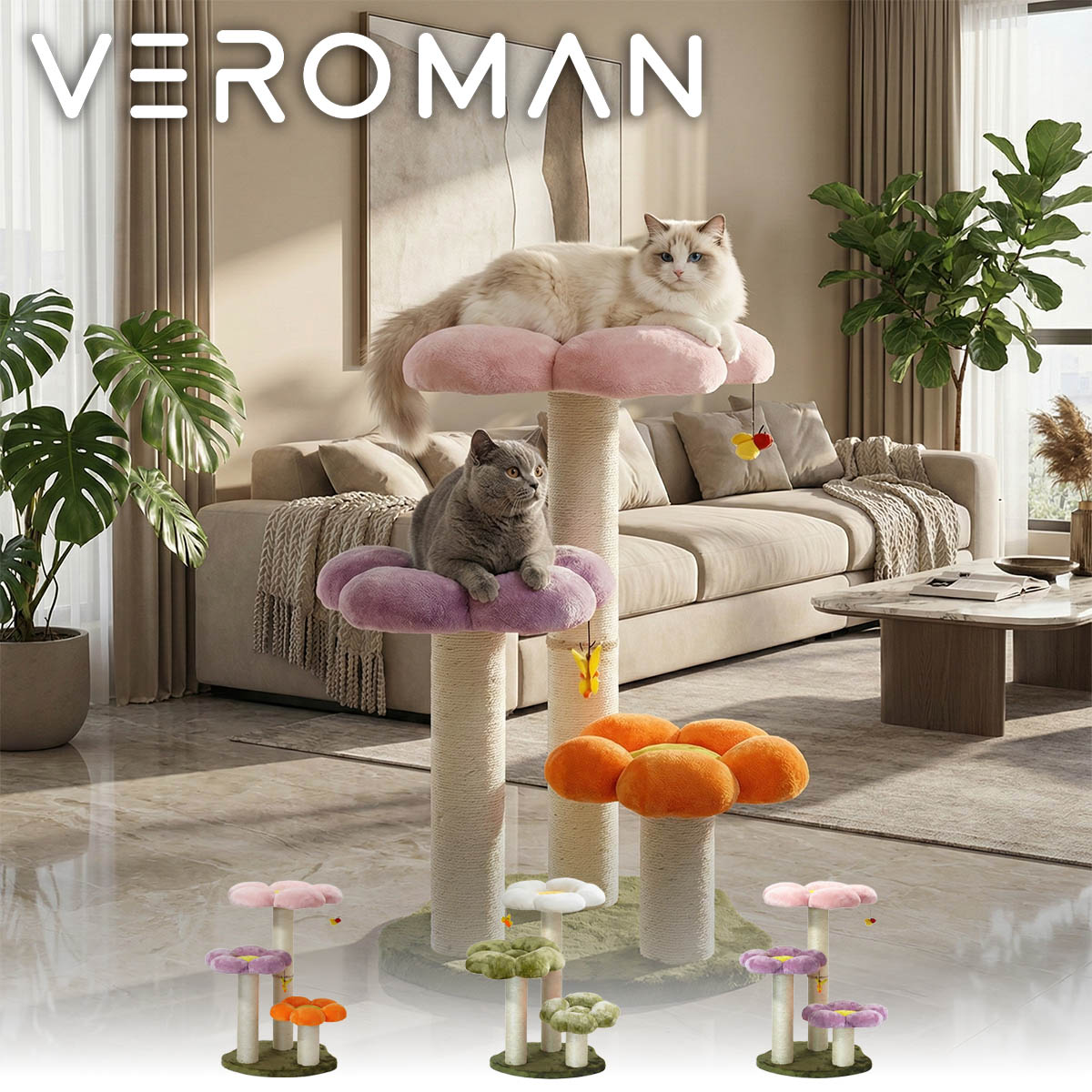 【新品】VEROMAN キャットタワー 大型猫対応 宇宙カプセル剣麻爪とぎ付き VeroMan キャットタワー 大型猫対応 豪華フラワーデザイン 花型