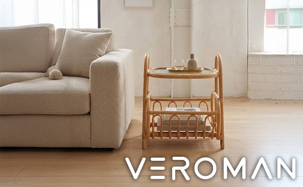 VeroMan ラタン編み ガラス天板 サイドテーブル マガジンラック 籐