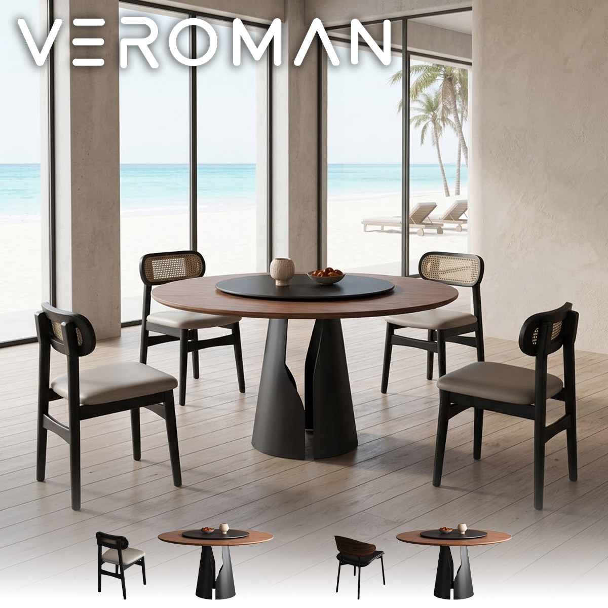 150cm] VeroMan ダイニングテーブルセット 回転天板付き チェアセット