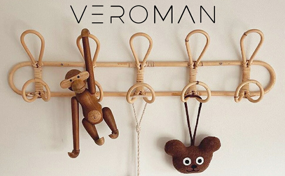 VeroMan 壁掛けフック 5連 ラタン ノブ10個 フック ウォールフック