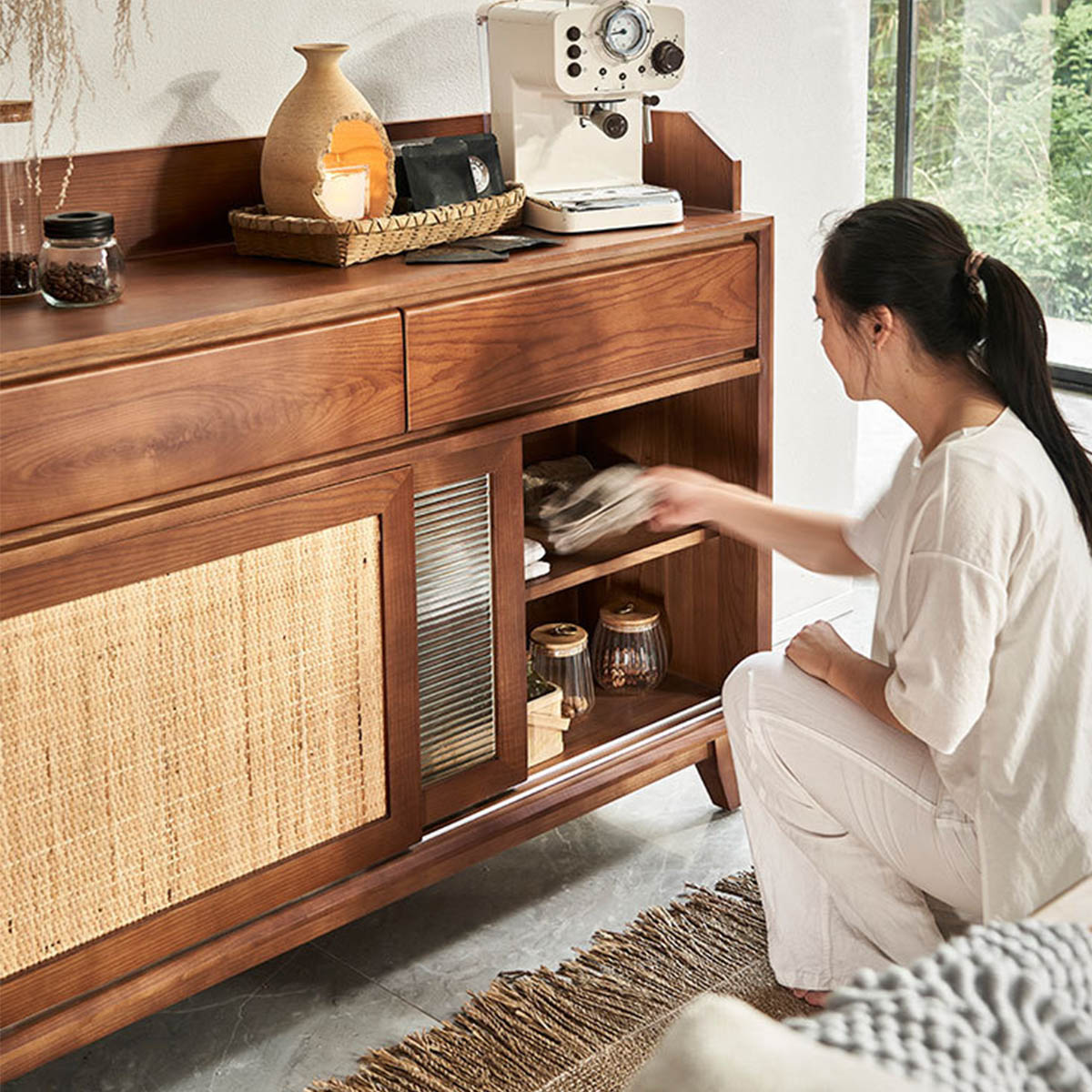 ベルメゾン 木製キャビネット ラタン調扉 VeroMan ラタン扉 木製キャビネット 食器収納棚 ラック ストレージ