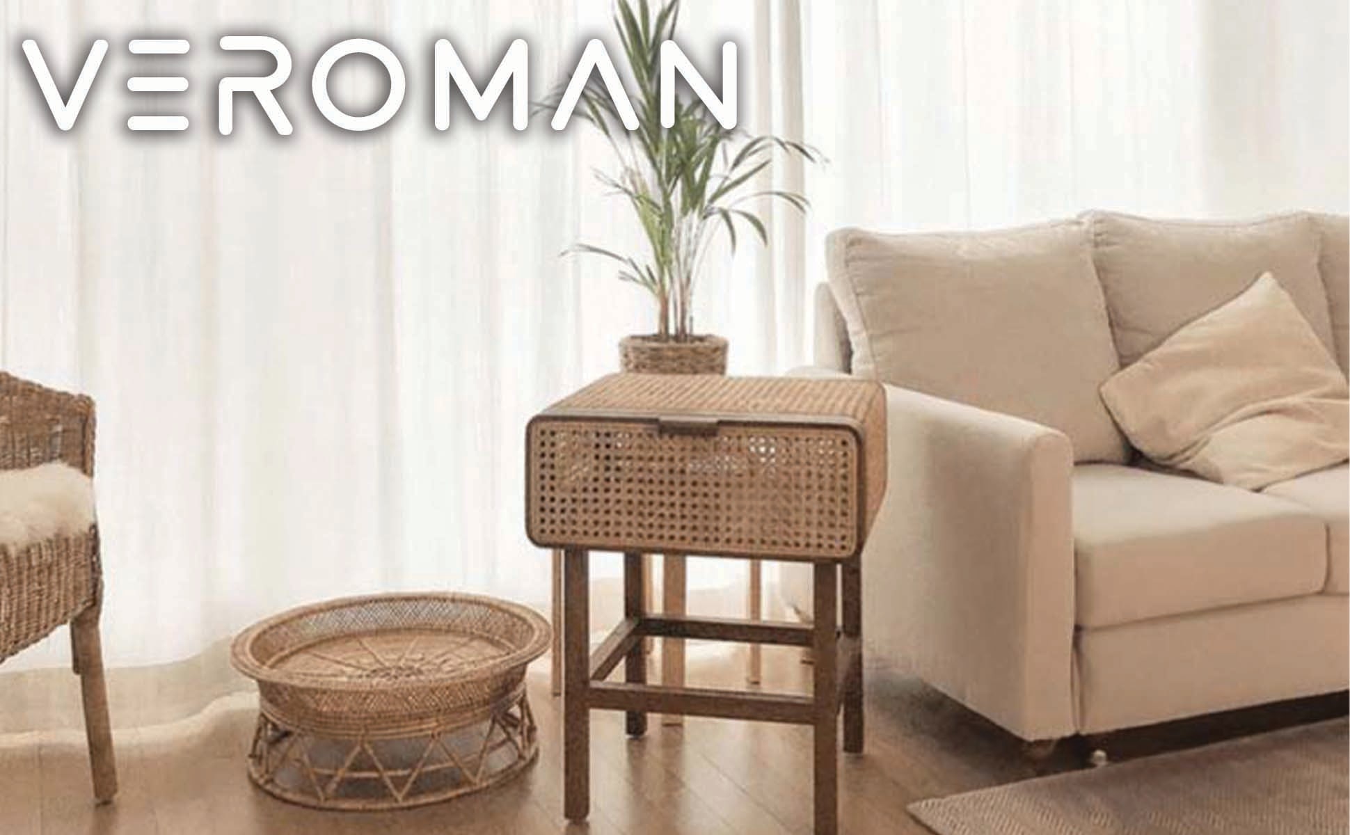 VeroMan ラタンサイドテーブル ナチュラルな藤編みデザイン 木製収納
