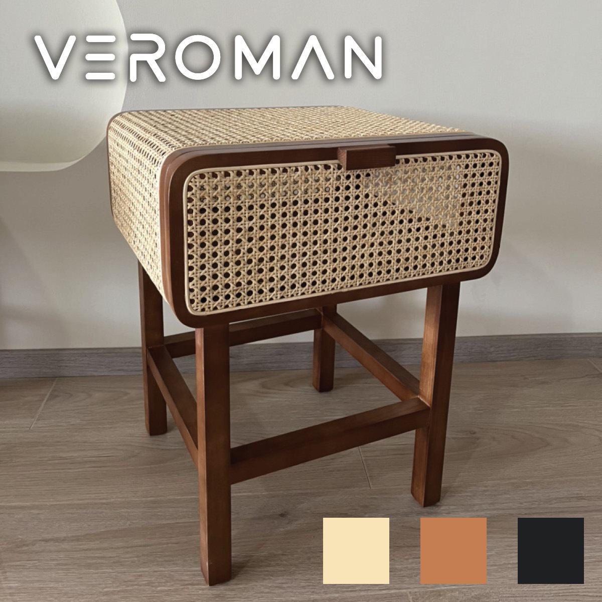 VeroMan ラタンサイドテーブル ナチュラルな藤編みデザイン 木製収納